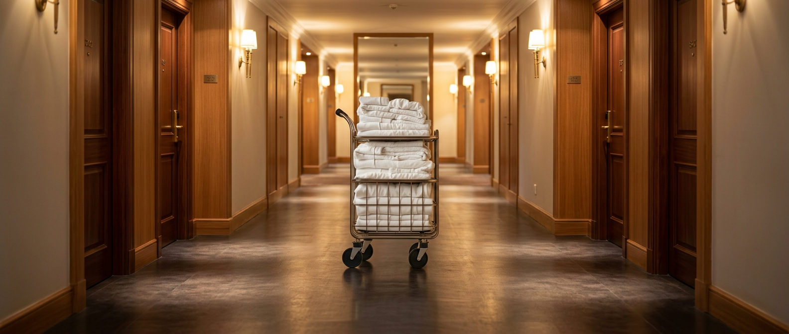 Housekeeping-Wagen mit gefalteten weißen Handtüchern in einem sonnendurchfluteten Hotelflur