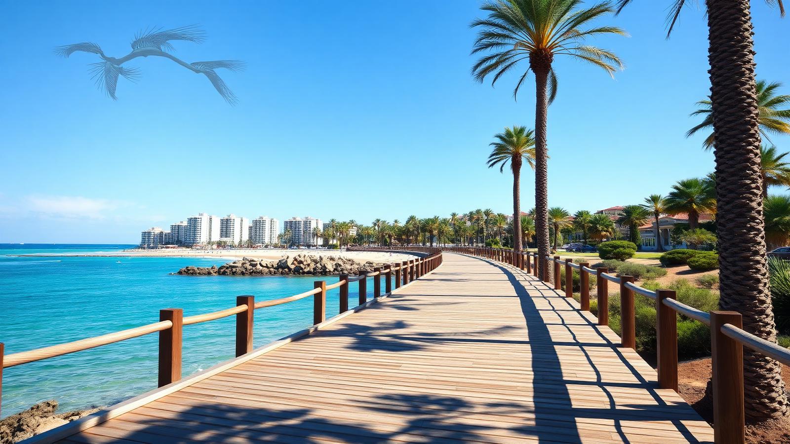 Hölzerner Küstenweg mit Palmen entlang eines Strandes an der Costa del Sol