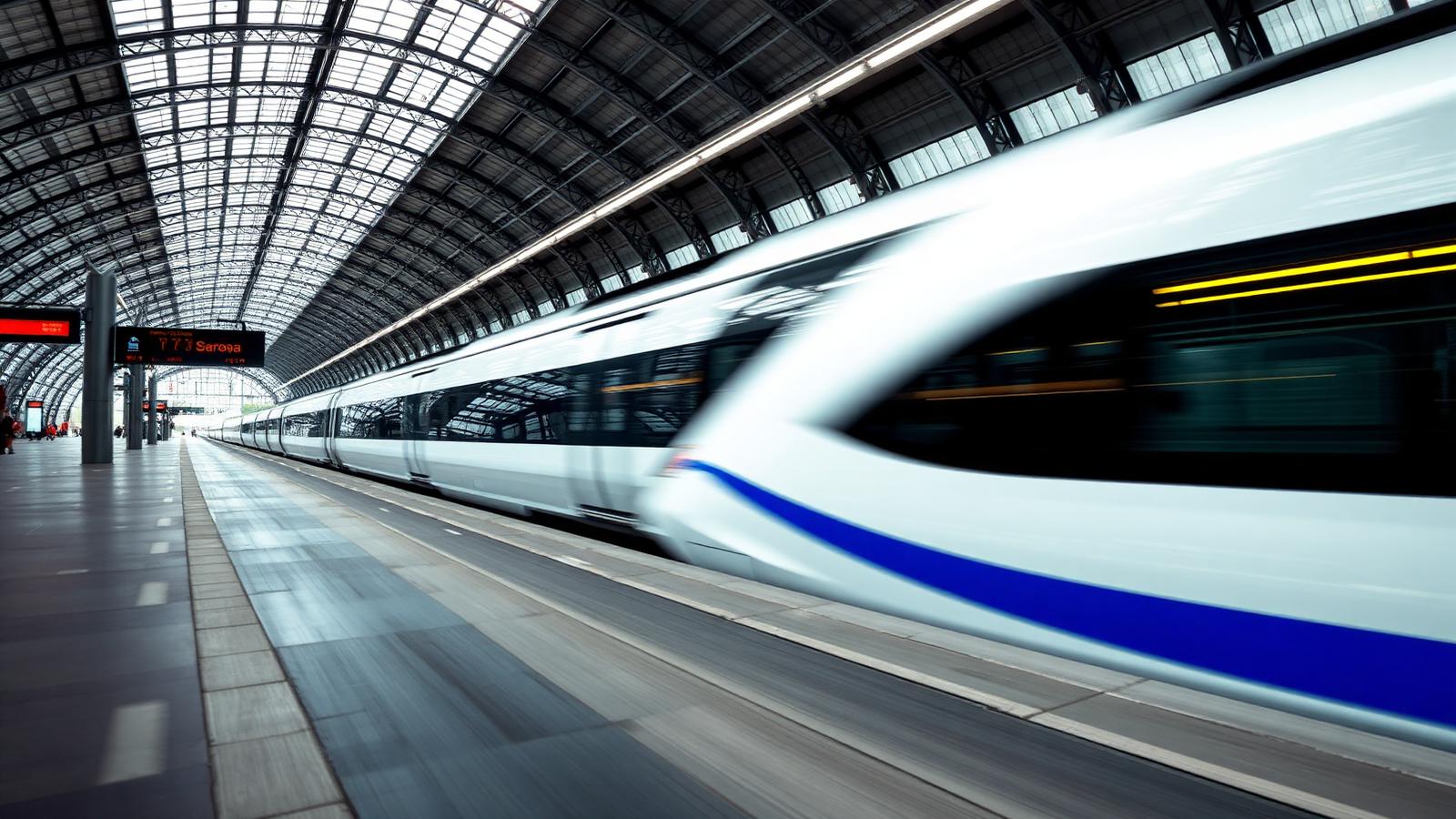 Weißer Hochgeschwindigkeitszug mit Bewegungsunschärfe in einem spanischen Bahnhof