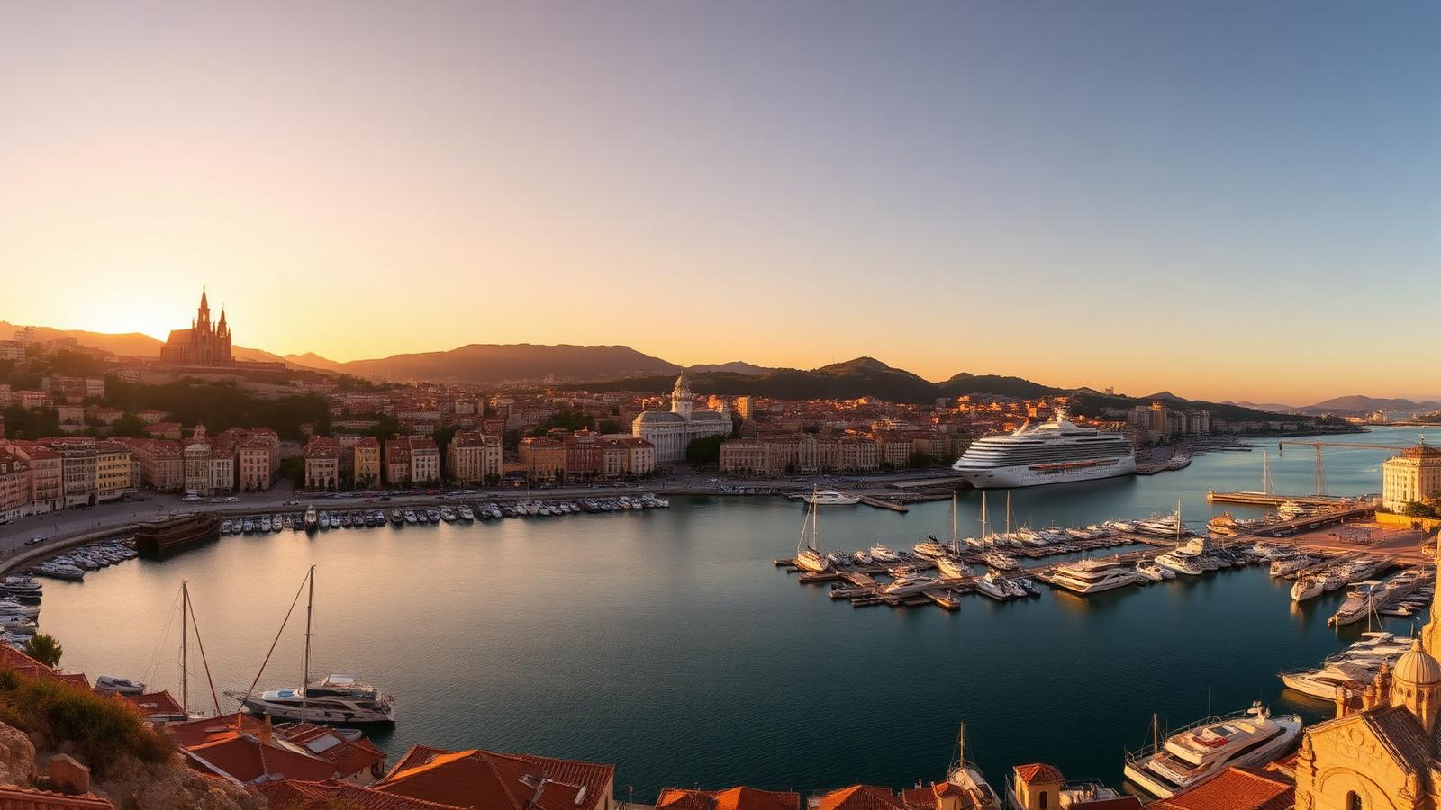 Sonnenuntergang über dem Hafen von Málaga mit historischer Altstadt