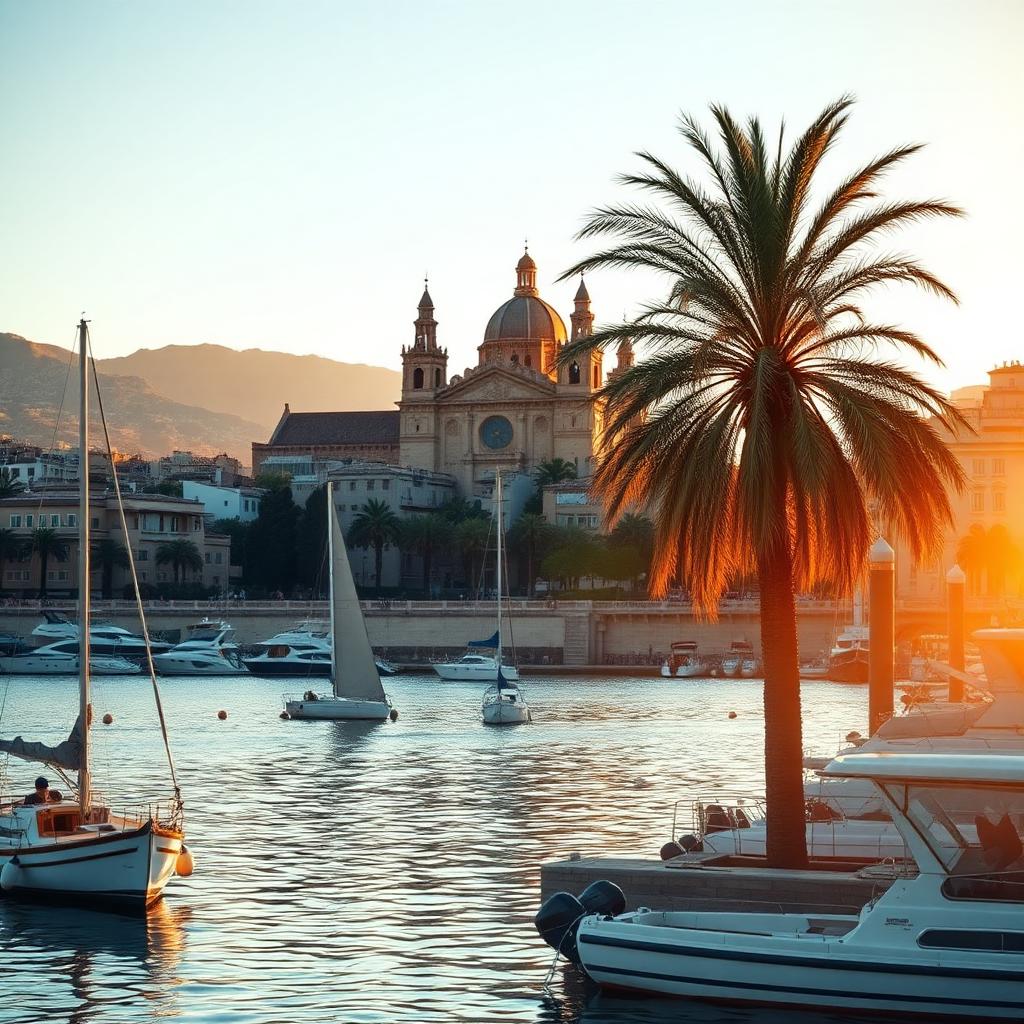 Hafen von Palma de Mallorca mit Kathedrale La Seu und Palmen im Abendlicht