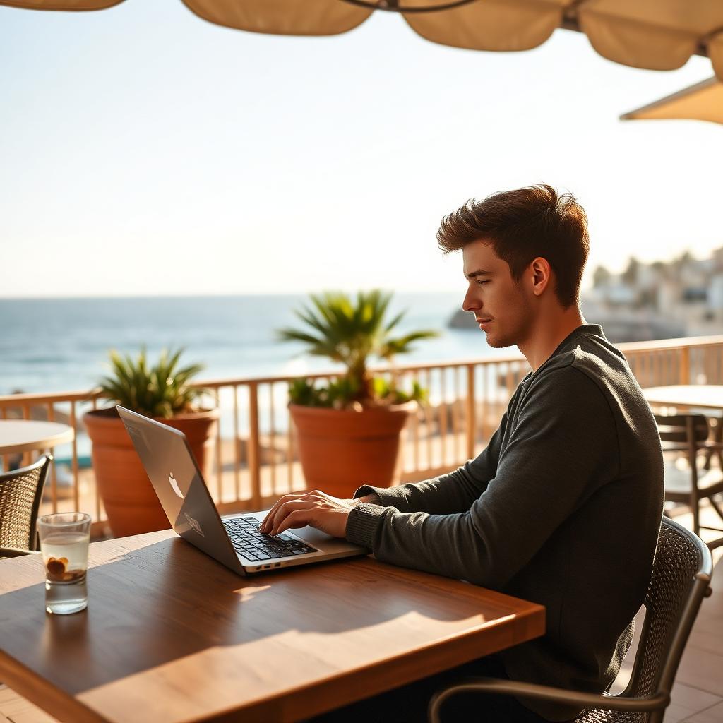 Junger Auswanderer arbeitet mit Laptop auf einer sonnigen Terrasse an der spanischen Küste