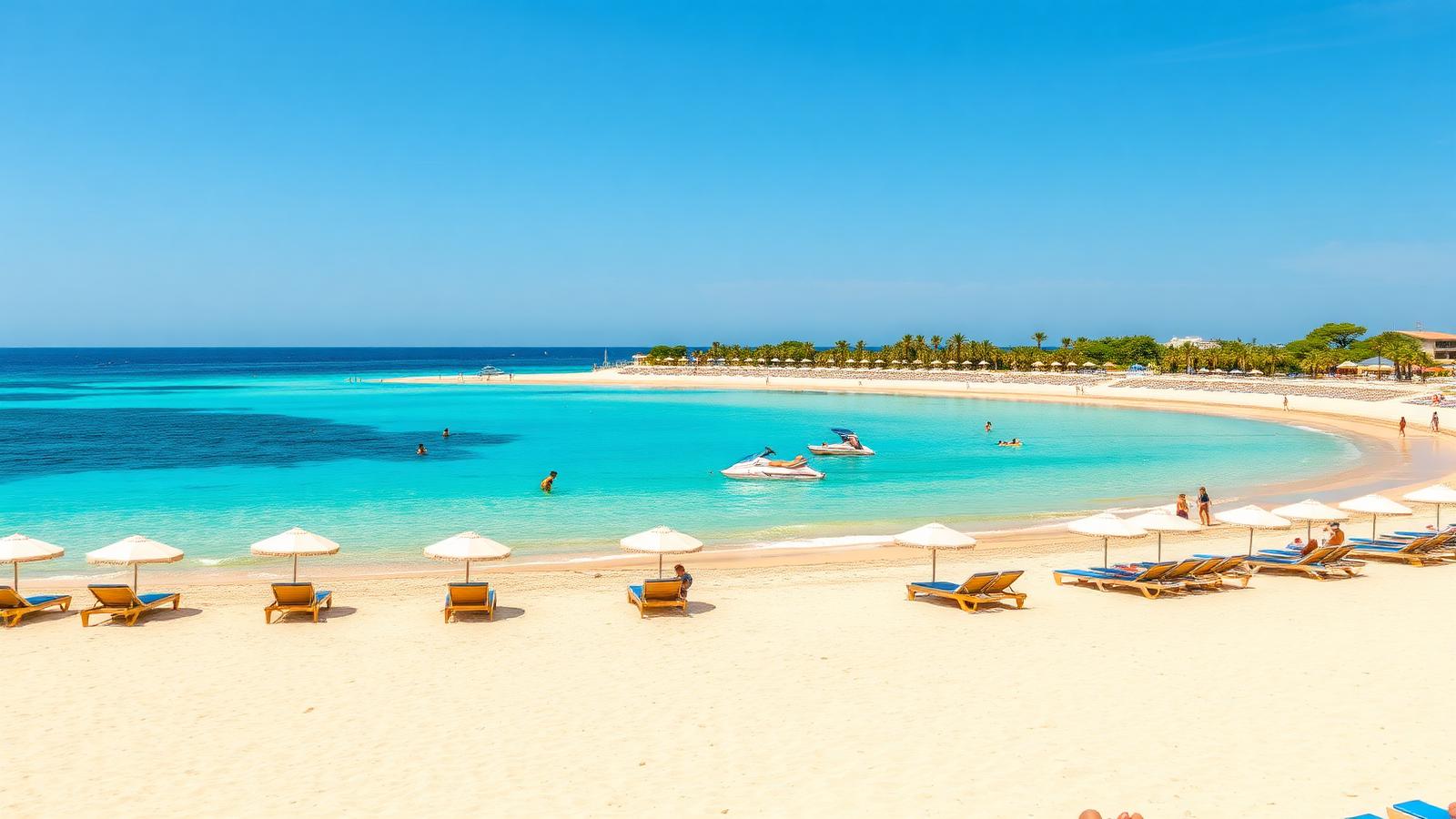 Playa de Palma mit Sonnenschirmen, Liegen und Jetski im türkisen Wasser
