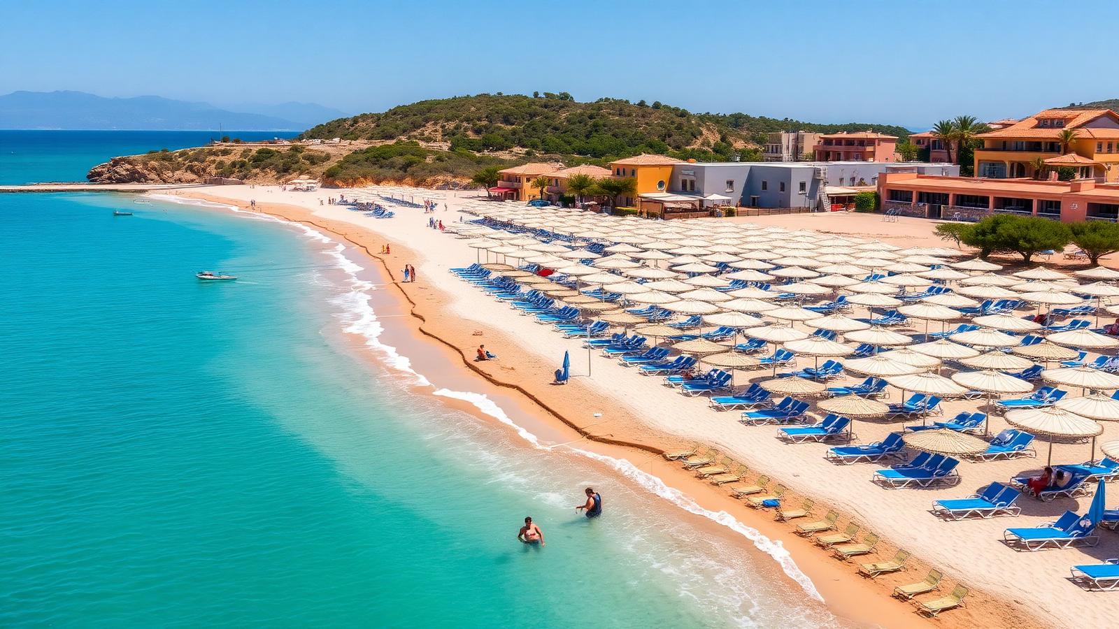 Spanischer Mittelmeerstrand mit Sonnenschirmen und Liegen