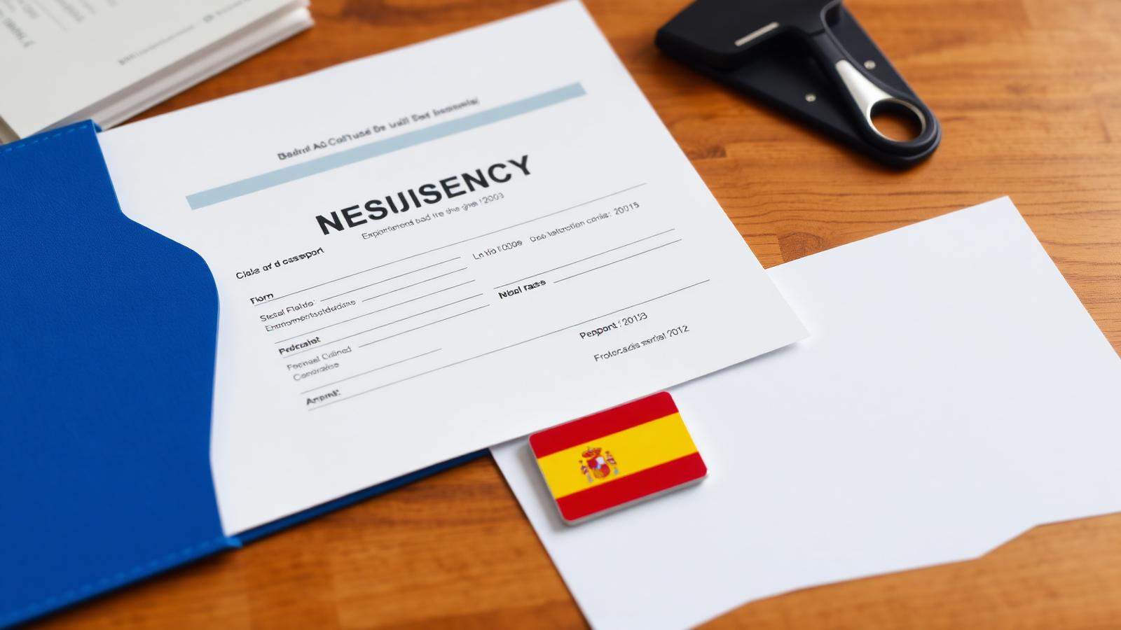 Spanische Aufenthaltsdokumente und Flagge auf einem Holzschreibtisch