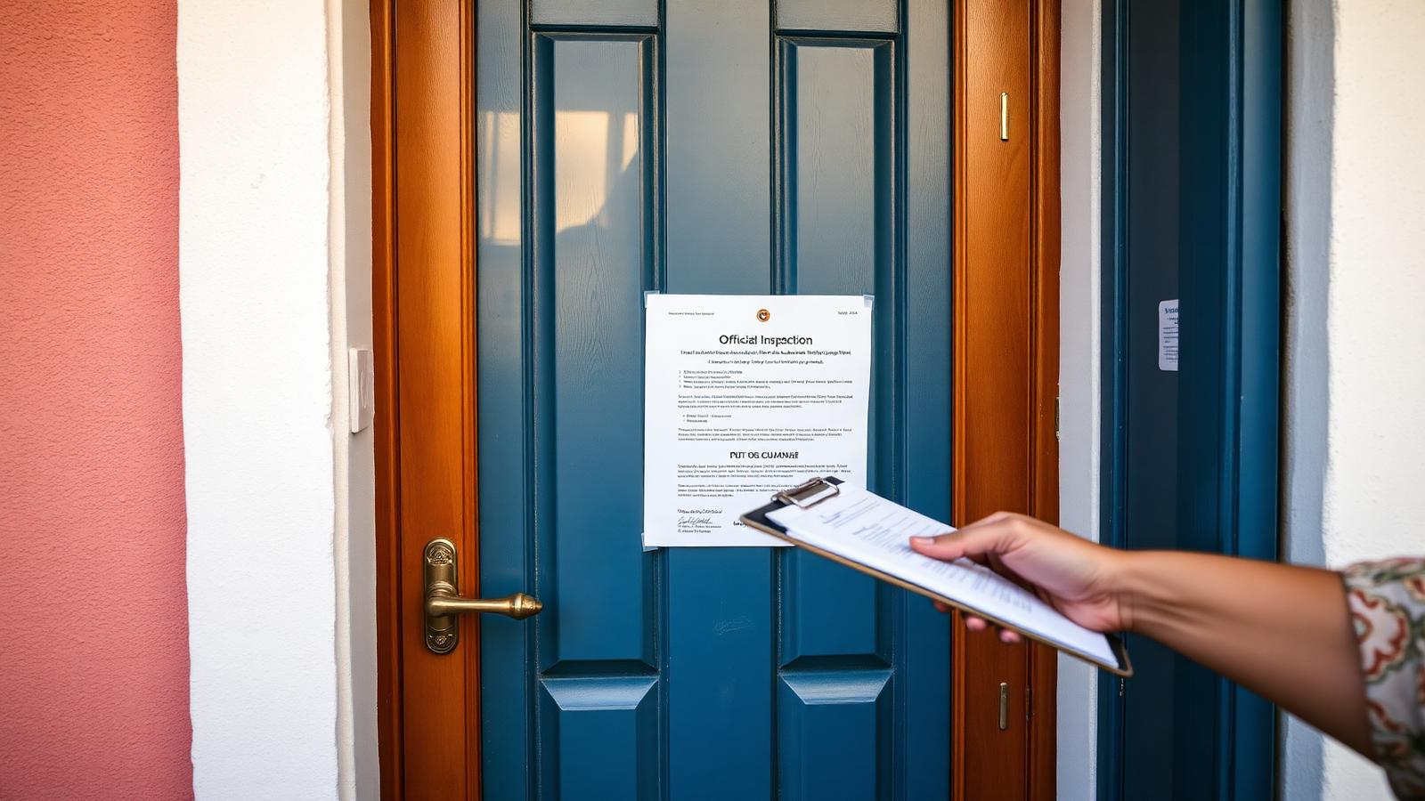 Tür einer Ferienwohnung mit offiziellem Aushang und Kontrolleur mit Klemmbrett