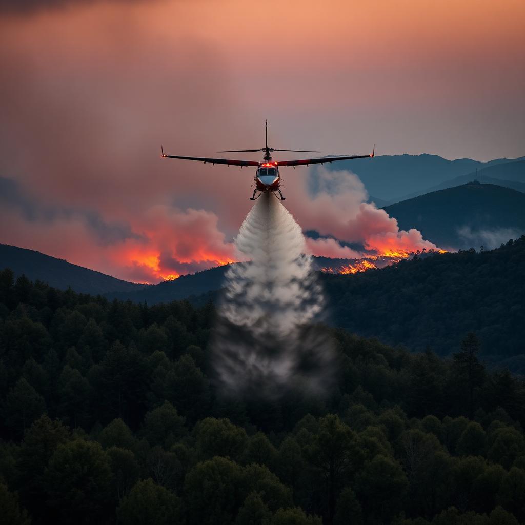 Löschflugzeug wirft Wasser über einem rauchverhangenen Kiefernwald in der Abenddämmerung ab, im Hintergrund glüht das Feuer über den Hügeln