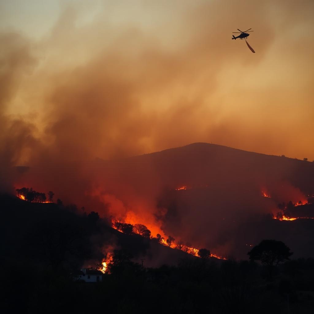 Waldbrand in den Hügeln der Provinz Huelva bei Dämmerung mit dichtem Rauch und Löschhubschrauber