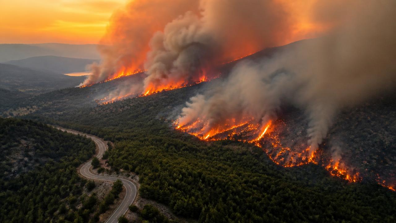 Erschöpfte spanische Feuerwehrleute in gelber Schutzkleidung vor einem lodernden Waldbrand in der Abenddämmerung, im Hintergrund ein Löschhubschrauber