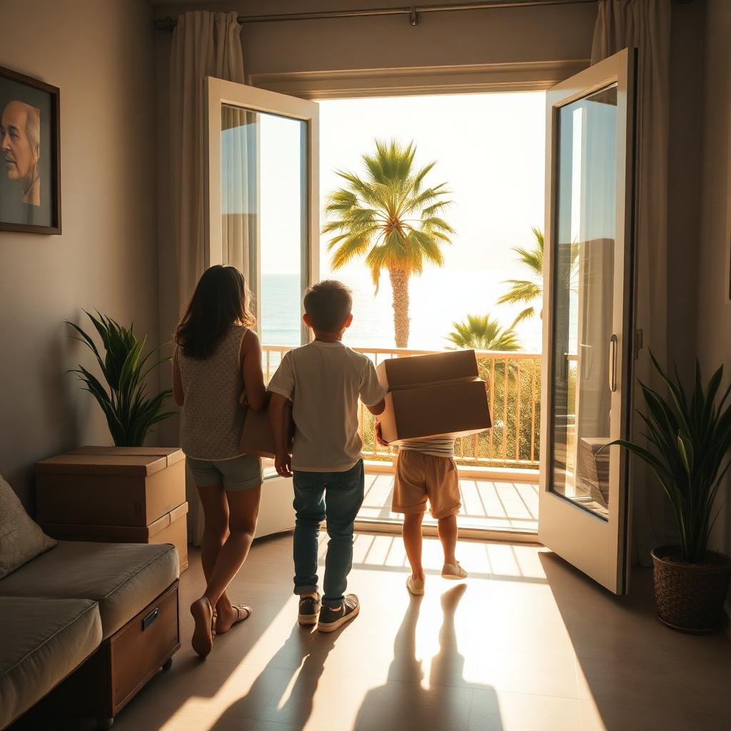 Familie mit Umzugskartons in einer hellen mediterranen Wohnung mit Blick auf Palmen und Meer