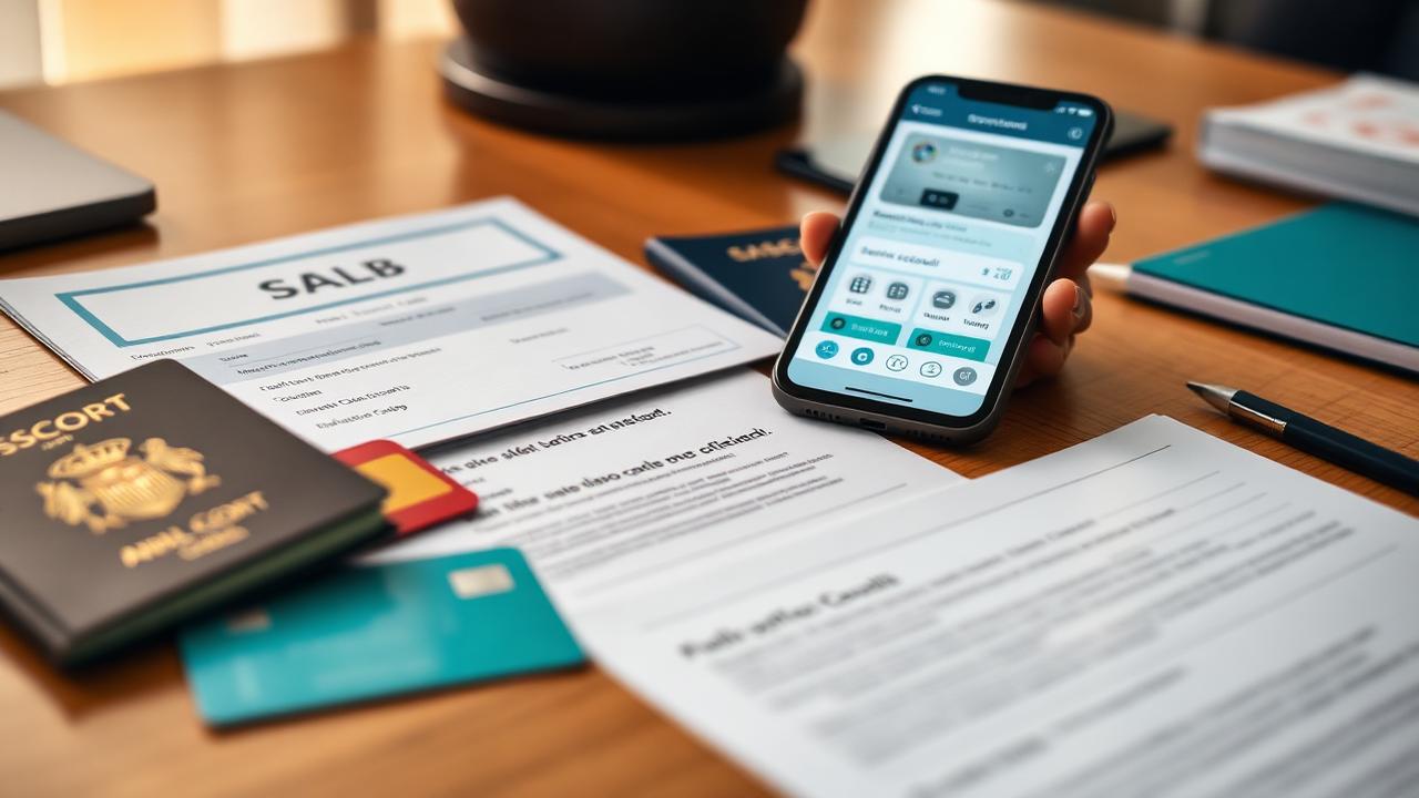 Unterlagen, Reisepass und Smartphone mit Banking-App auf einem Schreibtisch für die Kontoeröffnung in Spanien