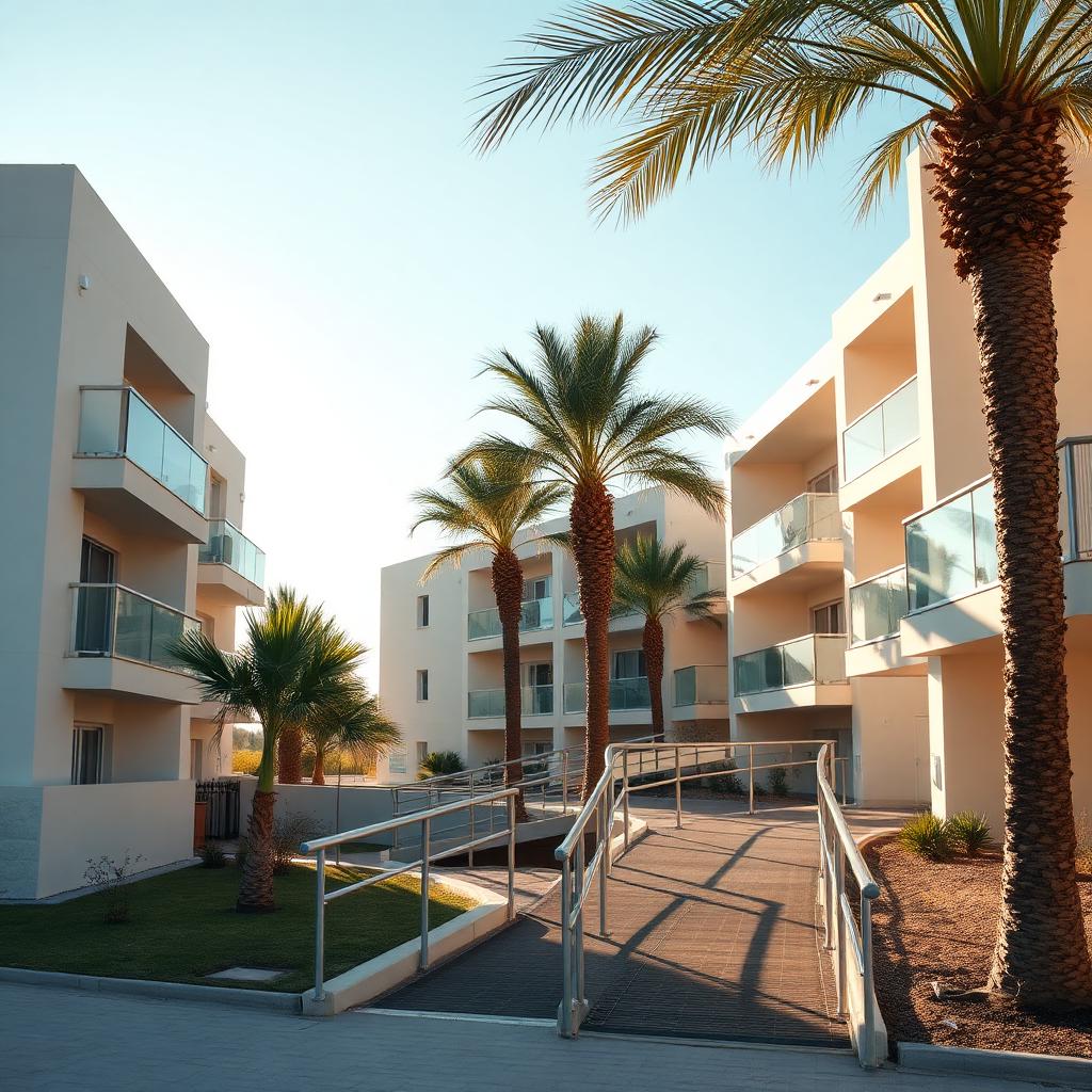 Modernes barrierefreies Wohngebäude in Spanien mit Rampe, Palmen und mediterraner Architektur im warmen Nachmittagslicht