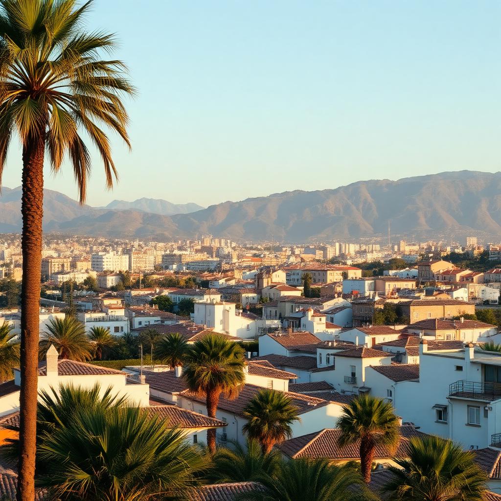 Panorama einer spanischen Küstenstadt mit Palmen, mediterranen Dächern und Bergen im Hintergrund