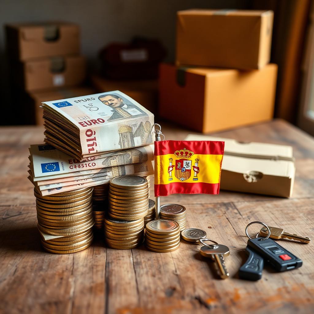 Stapel Euroscheine und Münzen neben einer kleinen Spanien-Flagge, Umzugskartons und Hausschlüssel auf einem Holztisch
