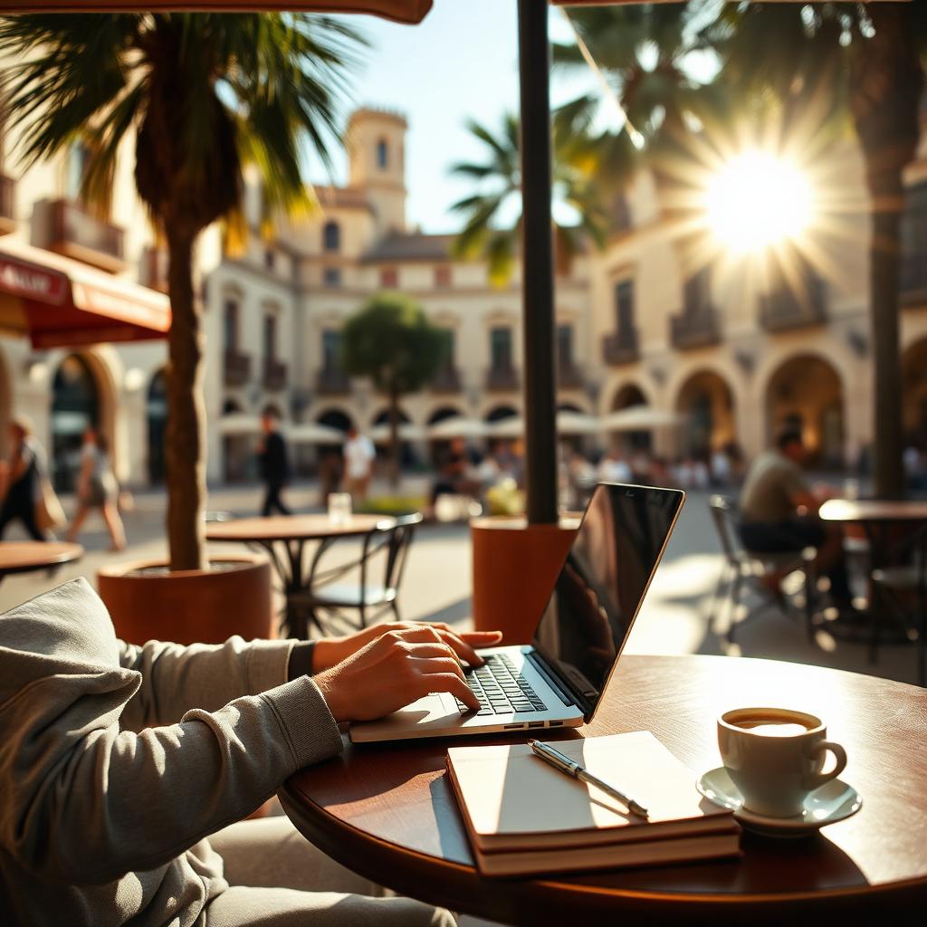 Digitaler Nomade arbeitet mit Laptop und Notizbuch an einem Café-Tisch auf einer sonnigen spanischen Plaza