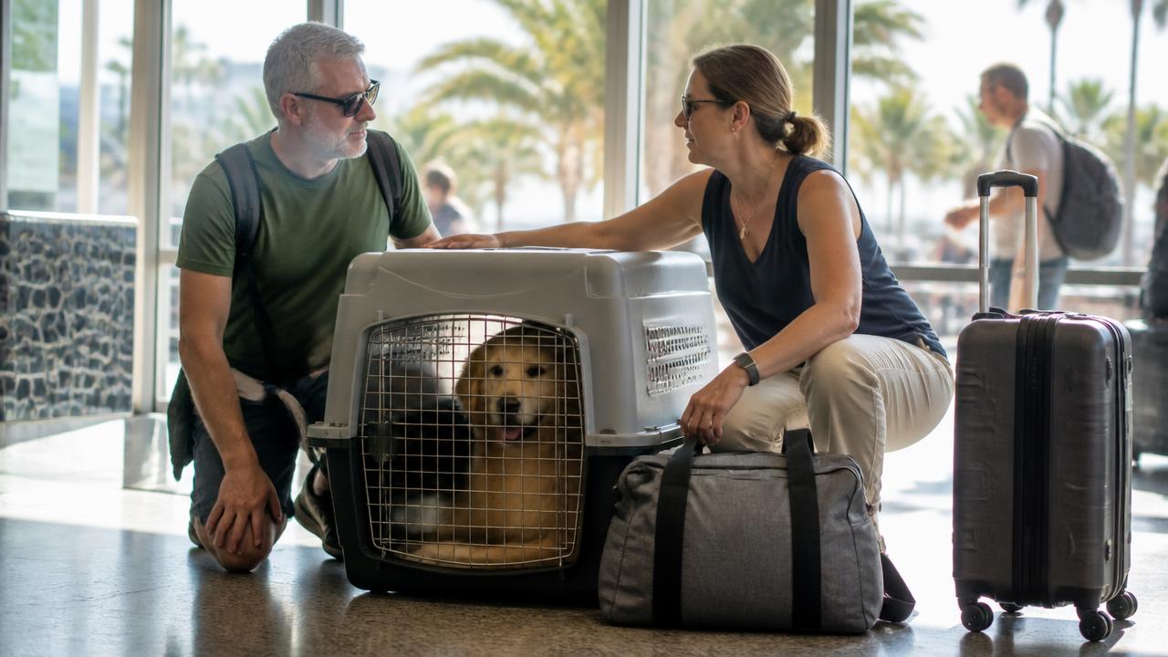 Familie mit Golden Retriever und Transportbox am Flughafen in Spanien im warmen Nachmittagslicht