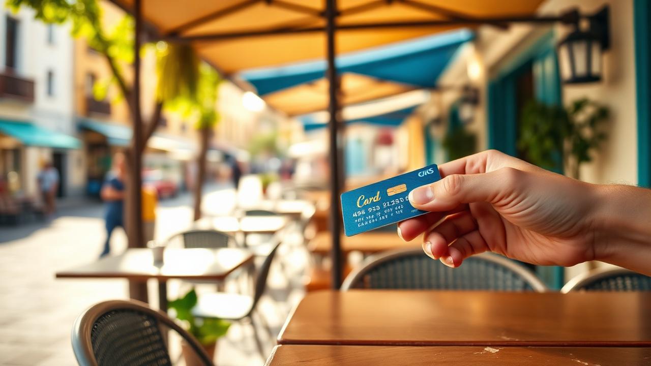 Kreditkarte in einer Hand an einem sonnigen spanischen Straßencafé