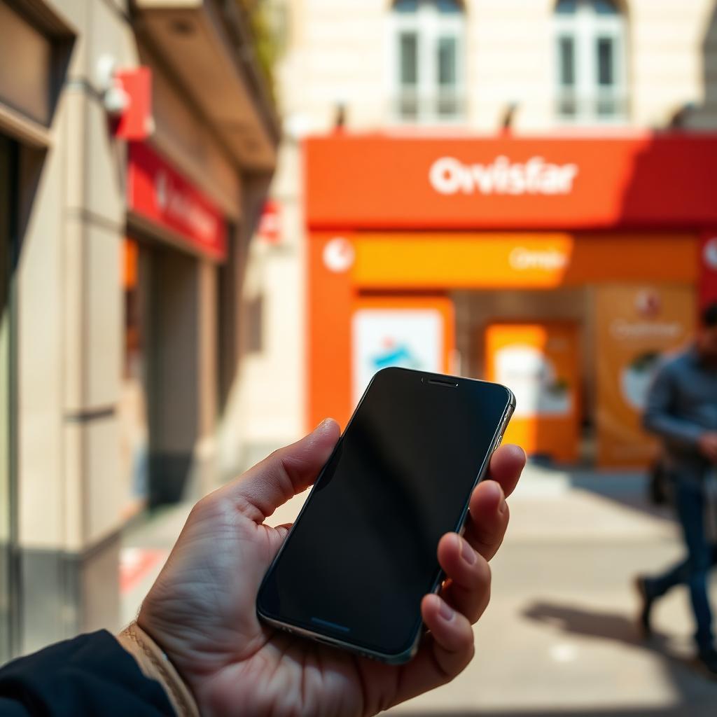 Hand mit Smartphone vor einem Mobilfunk-Shop in einer spanischen Innenstadt