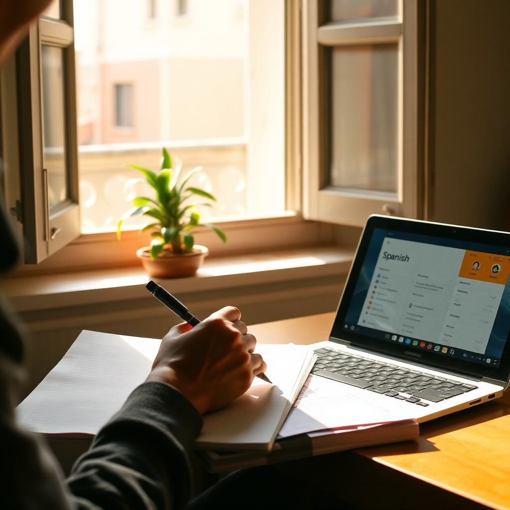 Lernender mit Notizbuch, Stift und Laptop mit geöffneter Sprachlern-App am Fenster im warmen Nachmittagslicht
