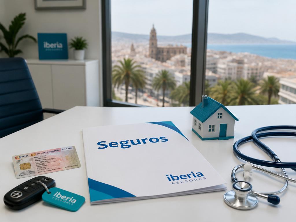 Versicherungsunterlagen, Hausmodell, Stethoskop und Autoschlüssel auf einem spanischen Bürotisch