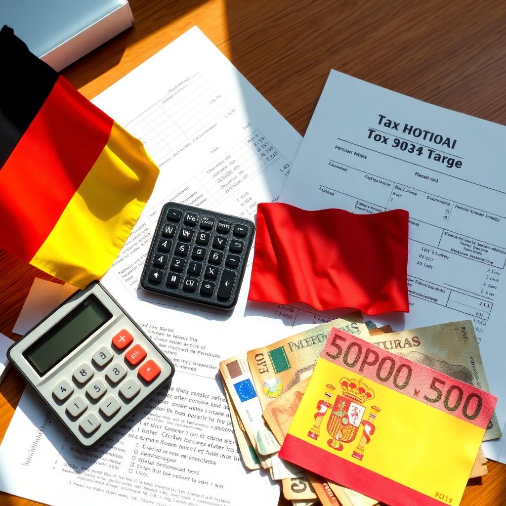 Steuerformulare, deutsche und spanische Flagge, Taschenrechner und Euro-Banknoten auf einem Holzschreibtisch