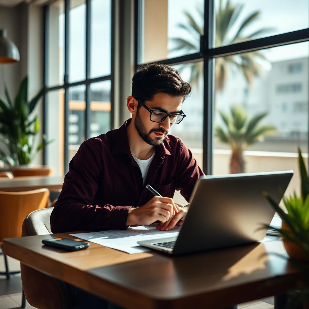 Jungunternehmer unterschreibt Unterlagen an einem Schreibtisch in einem hellen spanischen Co-Working-Space