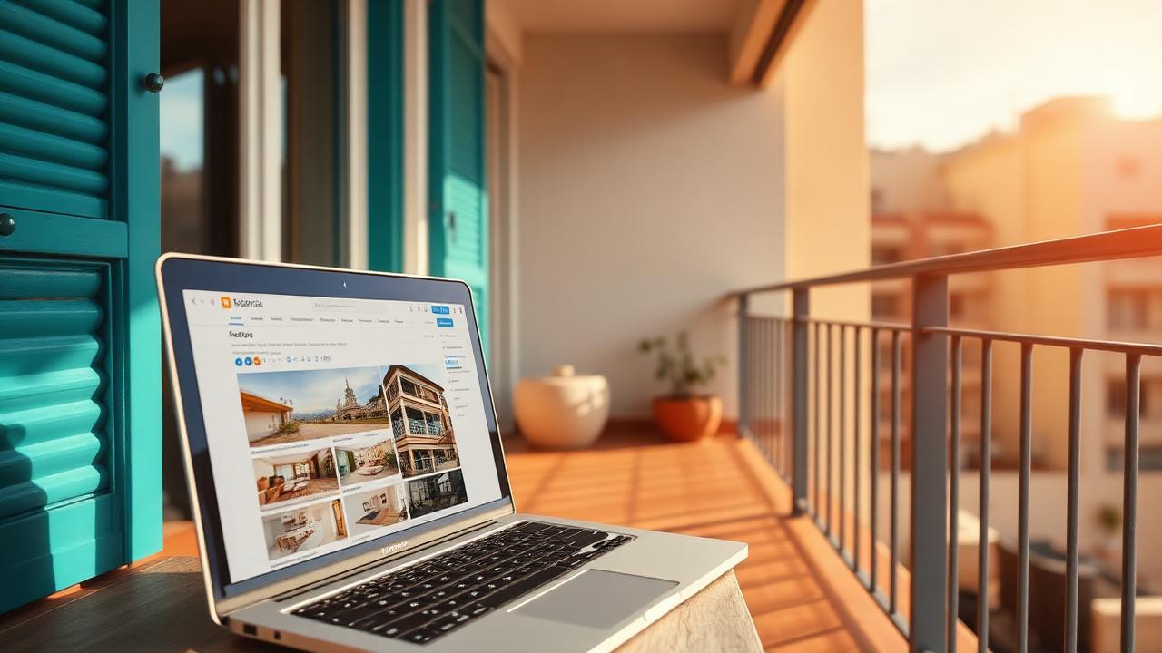 Laptop mit Immobilienportalen auf einer sonnigen spanischen Balkonterrasse