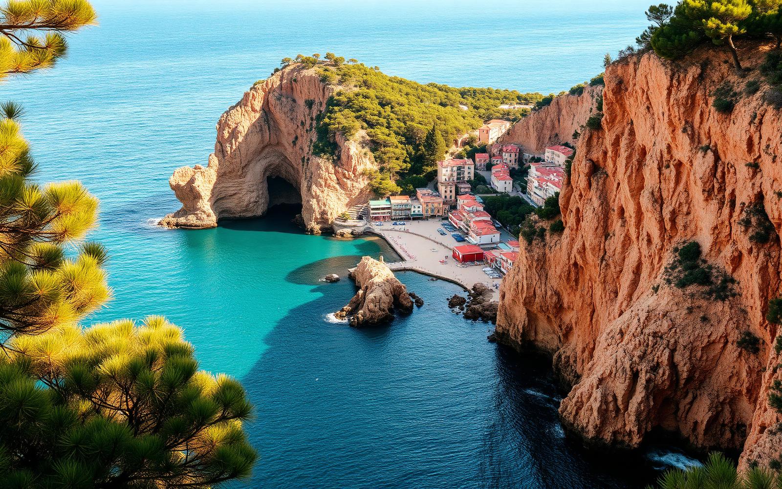 Bucht an der Costa Brava mit Kiefern und türkisfarbenem Wasser