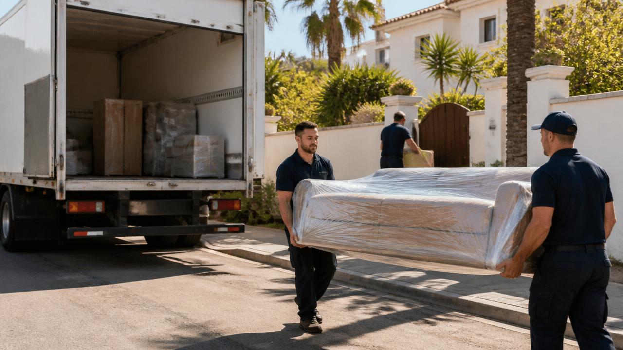 Professionelles Umzugsteam verlädt Möbel in einen LKW in Spanien